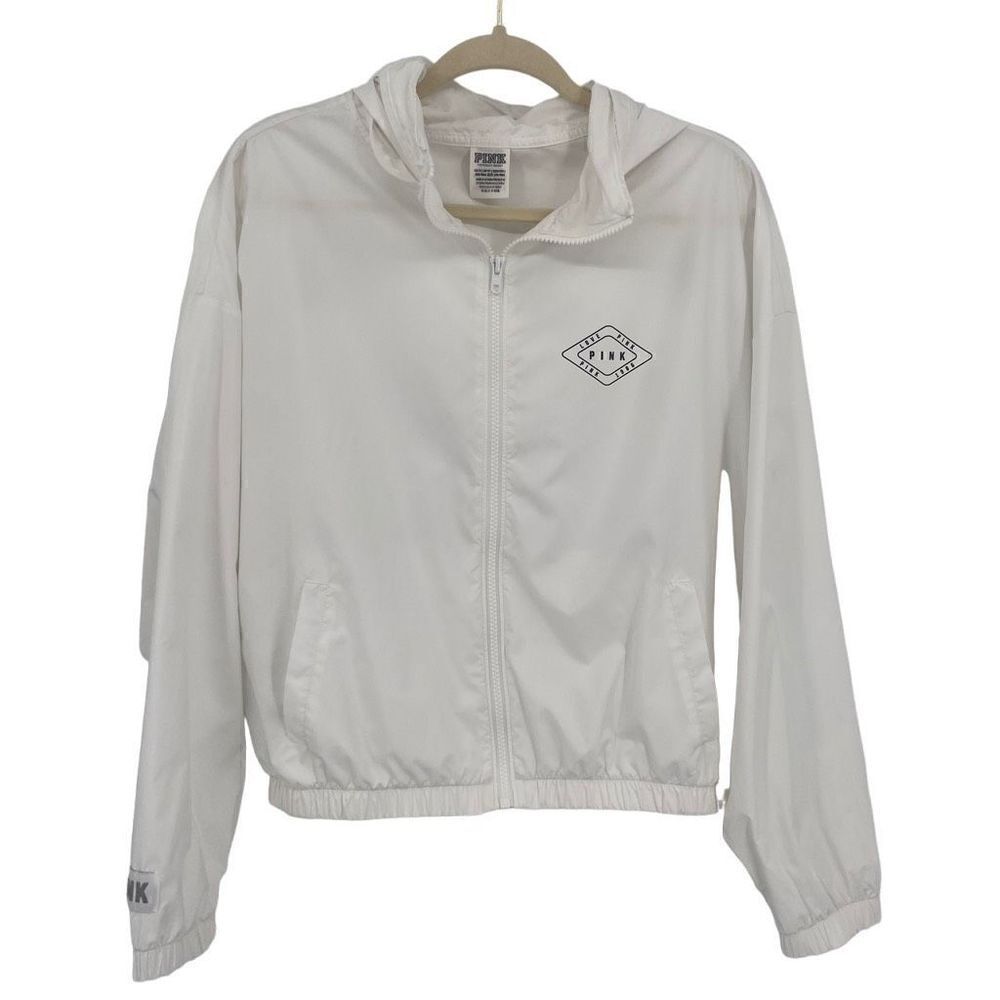 Pink Victoria’s Secret Hooded Full Zip‎ Windbreaker Jacket White XS/Small